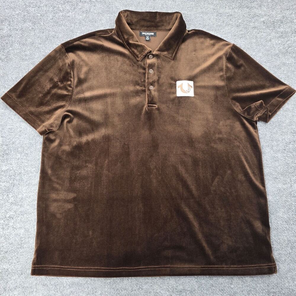 True Religion Shirt Mens XL Brown Velour Corduroy Polo Horseshoe Logo